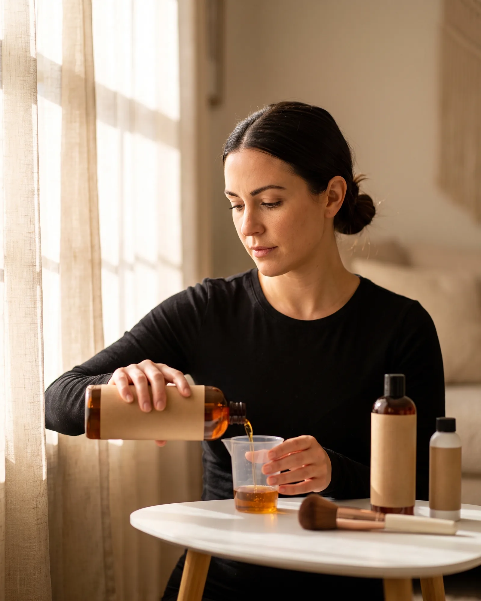 Ana Maria mixing a NUDA shade on the spot after reading her client's skin