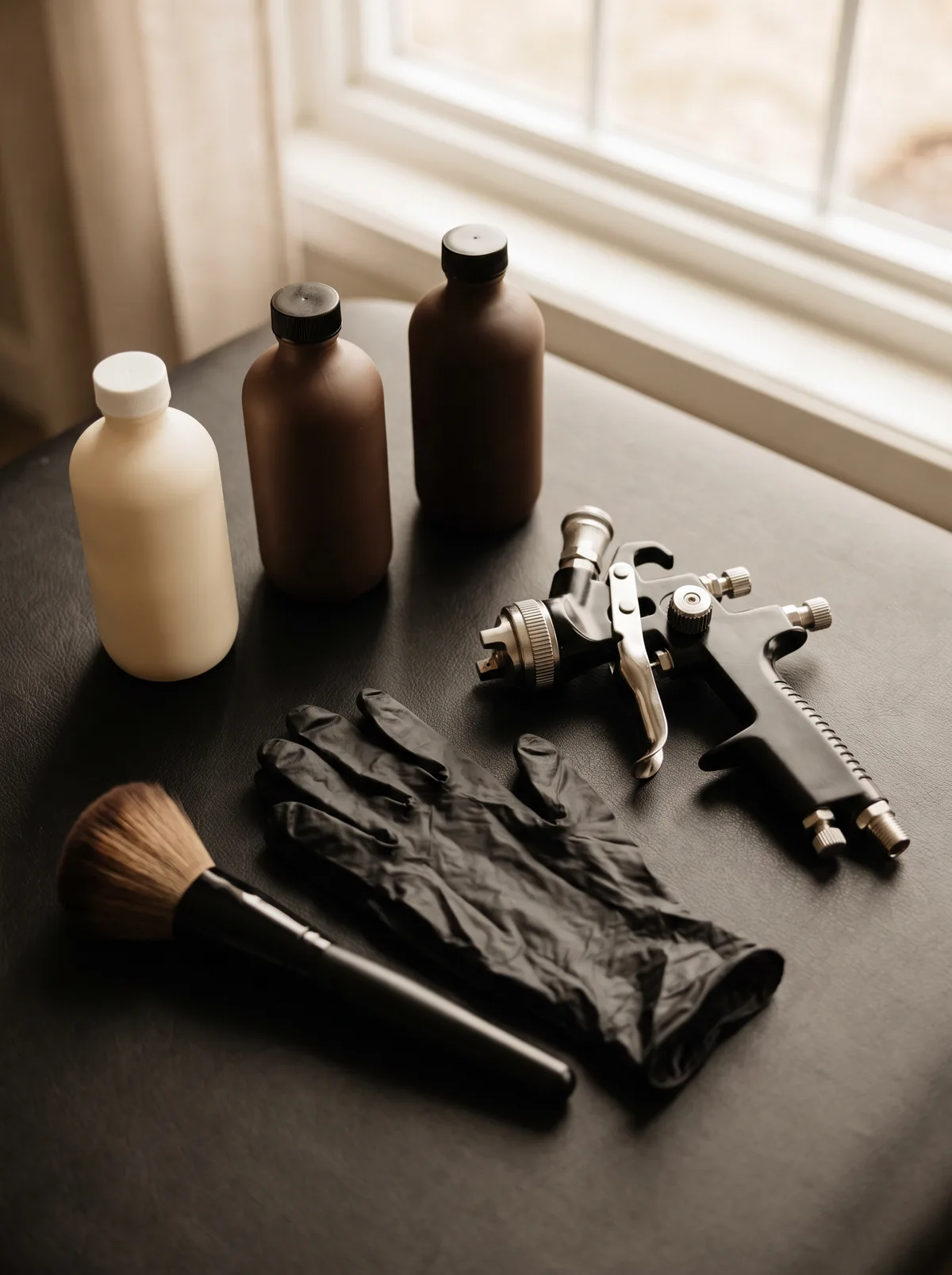 GLOW17 spray gun, gloves and formulas laid out before the session