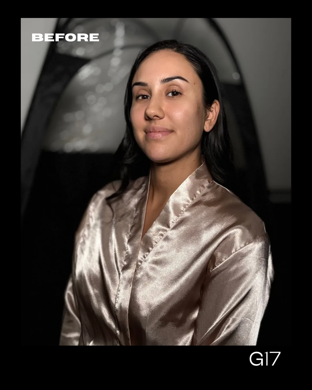 Alina, olive skin tone, before her GLOW17 spray tan session