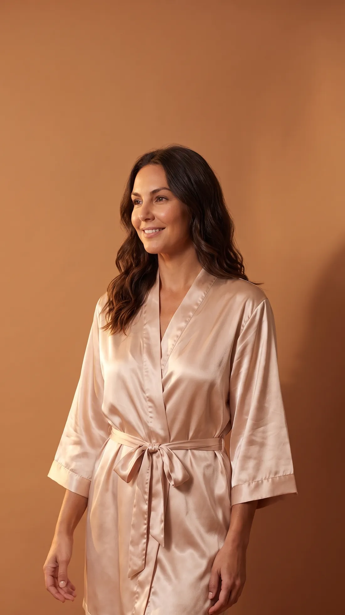 Golden-skinned woman in a satin robe after a GLOW17 spray tan